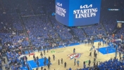 现场介绍马刺首发时,一个名字都听不见,完全被雷霆球迷“OKC”喊声淹没